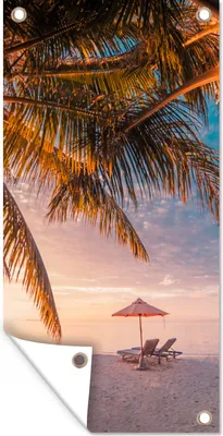 Produktbild von MuchoWow® 40x80 cm Outdoor-Poster Gartendeko Sichtschutz Garten Poster für den Garten  Strand - Palme - Meer
