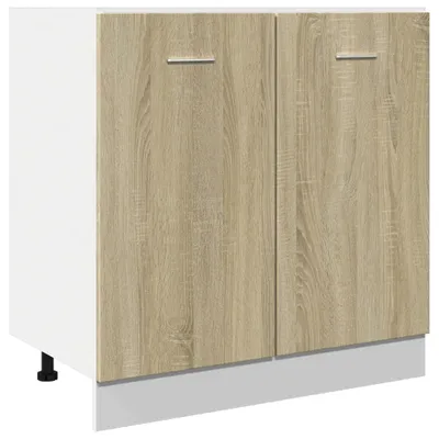 A white and wood cabinet with two doors and silver handles, standing on black legs with a white base.