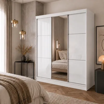 Produktbild von BEAUTYSOFA | Schwebetürenschrank VIVA 180 cm Kleiderschrank Weiß mit Spiegel, Schubkasteneinsätze, Schiebetürenschrank Schlafzimmer