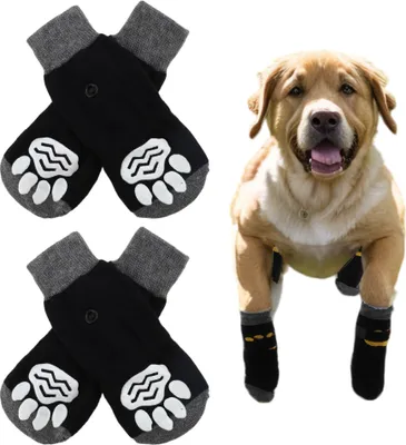 Produktbild von 4 Stück Hundesocken Anti Rutsch mit verstellbaren KlebeBändern, Pfotenschutz Hund Antirutschsocken Hunde Socken für im Innenbereich im Freien Schwarz Gelb, L (7.5 x 18 cm)