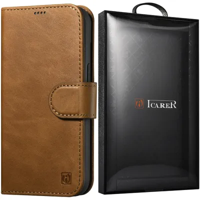 Produktbild von Icarer Öl Wachs Wallet Etui 2In1 Iphone 14 Plus Lederhülle Mit Anti-Rfid Klappe Braun (Wmi14220723-Tn)