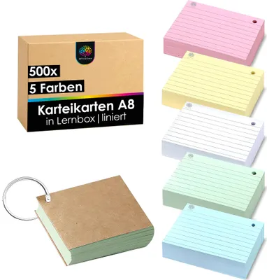Produktbild von OfficeTree 500x Lernkarten A8 - 5 Farben - Karteikarten A8 mit Ring und Box