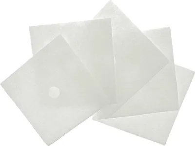 Several square white filters are fanned out on a white background.