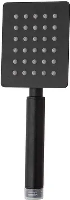 A black rectangular shower head with multiple spray nozzles and a black handle, isolated on a white background.