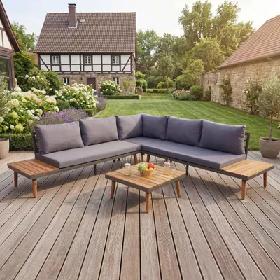 Produktbild von Garten-Garnitur HWC-E97, Garnitur Sitzgruppe Lounge-Set Sofa, Akazie Holz MVG-, grau