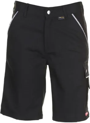A pair of black cargo shorts shown from the front.