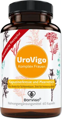 Produktbild von UroVigo Frauen Kapseln - Blase: Vitamin A unterstützt die Schleimhäute, Zink Immunsystem und Haut - Kapuzinerkresse Meerrettich Pflanzen Komplex
