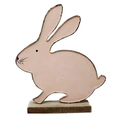 Obrázek produktu pro Zajíček růžový kovový sedící na dřevěném podstavci dekorativní předmět Velikonoční dekorace 15x4x25cm