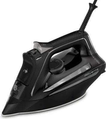 A black Rowenta steam iron is shown against a white background.