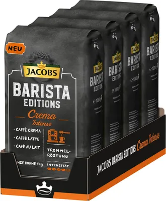 A display box containing multiple bags of Jacobs Barista Editions Crema Intense coffee beans.