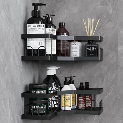 Image de Étagère de douche sans perçage, lot de 2, noire, en acier au carbone