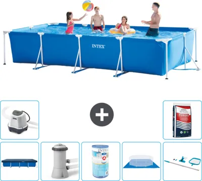 Produktbild von Intex-Schwimmbecken mit rechteckigem Rahmen – 450 x 220 x 84 cm – Blau – im Lieferumfang enthalten Abdeckung - Filterpumpe für Schwimmbad - Filter - Bodenplane - Reinigungskit - Salzwassersystem