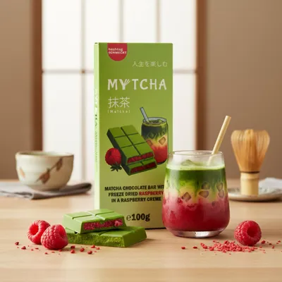 Produktbild von hashtag schmeckt Mytcha Matcha Chocolate Bar Freeze Dried Raspberry 100g