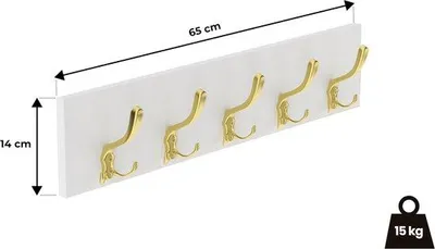 Imagen del producto de Unyqoos® - Perchero de pared de 65 cm – Elegante barra para colgar con 5 ganchos s resistentes, en color blanco dorado y roble, incluye kit de montaje, ideal para pasillos, dormitorios y baños