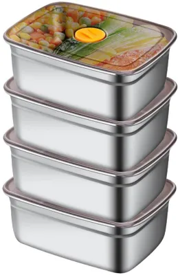 Productafbeelding van Unyqoos® 4-delige set roestvrijstalen voorraadpotten, 4 x 1200 ml – Gemaakt van 304 roestvrij staal, lekvrije, BPA-vrije deksels, stapelbaar, met compartimenten