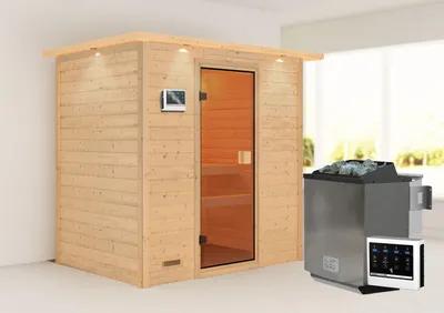 Produktbild von Karibu Sauna Innensauna Selena Fronteinstieg Ofen 9 kW  externe Strg easy 223x159x191 cm mit Dachkranz