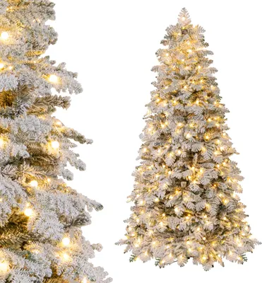 A flocked artificial Christmas tree with warm white LED lights, shown from two different angles.