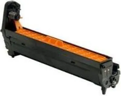 A black and orange printer toner cartridge is shown against a white background.