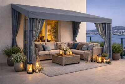 An outdoor patio area with a sectional sofa and coffee table under a canopy, overlooking a body of water.