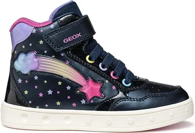A single child's high-top sneaker with a dark blue background and star and rainbow motif.