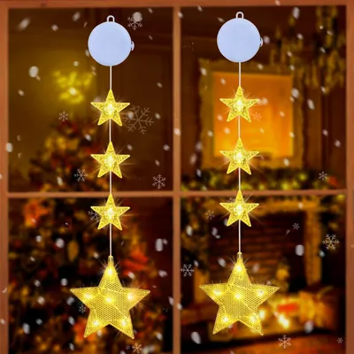LED Fenstersterne Weihnachten, 4er Set, warmweiß, Batteriebetrieb mit Timer
