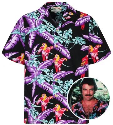 Produktbild von Paradise Found Hawaiihemd Tom Selleck "Jungle Bird" in Schwarz Original Herren Hawaiihemd Kokosnussknöpfe Kurzarm Front-Tasche