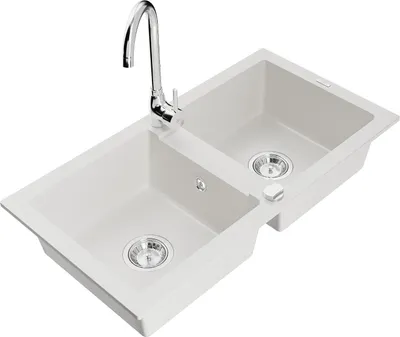 Immagine prodotto di Mexen Mario lavello in granito a 2 vasche con rubinetto da cucina Telma, bianco - 6504-20-670200-00