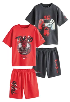 Produktbild von NEXT Jungen 2er-Pack Kurze Schlafanzüge aus 100% Baumwolle Grey/Red Tokyo Football 146