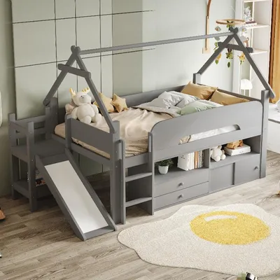 Zdjęcie produktu dla Łóżko dziecięce 90x200 cm z zjeżdżalnią, szufladami i barierką ochronną, łóżko dziecięce z daszkiem wykonanym z litego drewna i MDF w kolorze szarym