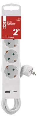 Steckdosenleiste 2 m / 3 Steckdosen / Schalter / weiß / 1× USB-A + 1× USB-C / 1,5 mm2