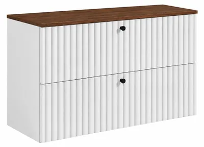 Obrázek produktu pro Závěsná skříňka do koupelny s deskou, bílá + deska z ořechového dřeva, úchytky ve třech barvách, rozměry 80 x 44,4 x 58,6 cm, Obrázek vytvořený pomocí AI