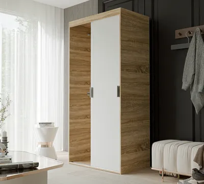 Produktbild von Schiebetürenschrank Kleiderschrank LUNA 100 cm mit Regalen und Kleiderstangen Schrank Garderobe Sonoma Weiß silberne Griffe