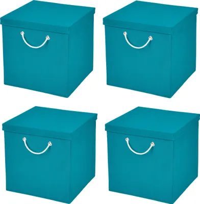Produktbild von 4 Stück Türkis Faltbox 30 x 30 x 30 cm Aufbewahrungsbox faltbar mit Kordel und mit Deckel