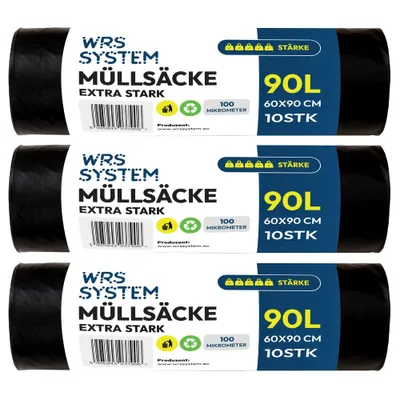 Produktbild von WRS System 3er Set Müllsäcke 90L 3x10 Stk. Strapazierfähige Müllbeutel Mülltüte Bausäcke Bauschuttsäcke