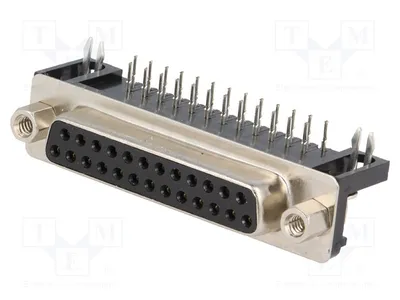 Imagen del producto de Conector D-Sub de 90 grados, con 25 pines, tipo hembra, para montaje en placa (THT), 5A, modelo DS1037-25FNAKT74. Conector D-Sub