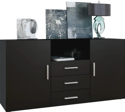 Produktbild von Vladon Sideboard Skadu, Kommode mit 2 Türen, 3 Schubladen und 1 offenem Fach, Schwarz matt/Schwarz matt (138,5 x 71,5 x 35 cm)