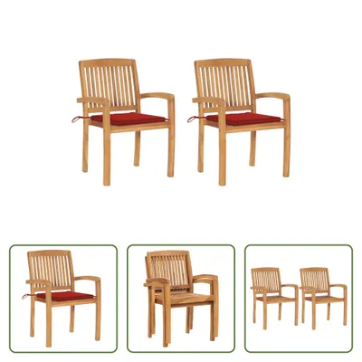 Produktbild von The Living Store Gartenstühle 2 Stk. mit Roten Kissen Massivholz Teak