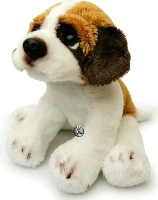 A plush toy dog sitting on a white background.