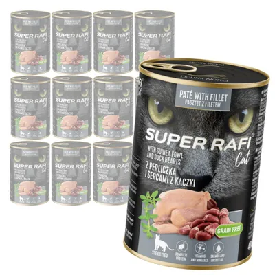 Zdjęcie produktu dla Super Rafi Cat 12x400g Bezzbożowa Mokra Karma Dla Kotów Sterylizowanych Z Perliczką I Sercami Z Kaczki