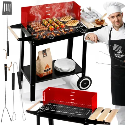 Image de Barbecue au charbon de bois avec roues et étagères - Chariot barbecue 50×26,5 cm avec accessoires pour le jardin et la terrasse