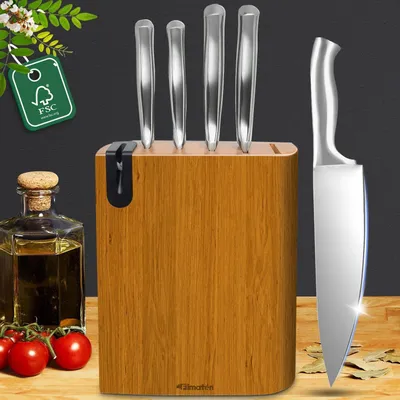 Image de Ensemble de couteaux de cuisine, 6 pièces, avec bloc à couteaux en bois et affûteur intégré