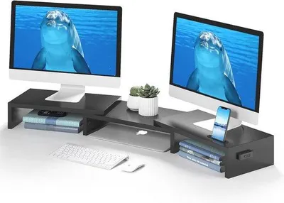 Produktbild von Verstellbarer Doppelmonitorhalter mit Smartphonehalter Büroorganizer