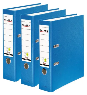Zdjęcie produktu dla Zestaw 3 segregatorów Falken, kolorowe, wykonane w Niemczech. Szerokość 8 cm, format DIN A4