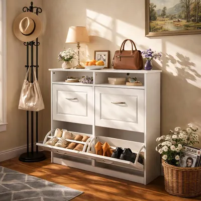 Produktbild von Schuhschrank Schmal mit 4 Klappen , Schuhkipper, Schuhkommode Geeignet für Flure, Eingangsbereiche, Wohnzimmer und Schlafzimmer, 104 x 89 x 23 cm