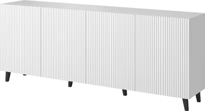Produktbild von Kommode PAFOS 200 cm WEIß MATT schwarze beine mit gefräster fronten MDF 4 Türen Sideboard Highboard Schrank offene Regale Büfett