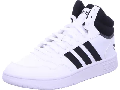A white Adidas high-top sneaker with black accents.