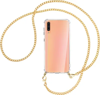 Produktbild von Handykette Backcover-Schutzhülle mit Band (Metall goldfarben) für Samsung Galaxy A50 - goldfarbene Kette