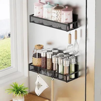 Image de Étagère magnétique pour épices, lot de 2, avec 10 crochets en acier au carbone, idéale pour le réfrigérateur et la cuisine