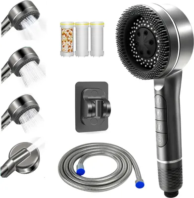 Produktbild von Handbrause mit Filter, Hochdruck, 1,5 m Schlauch, 4 Strahlarten, für hartes Wasser