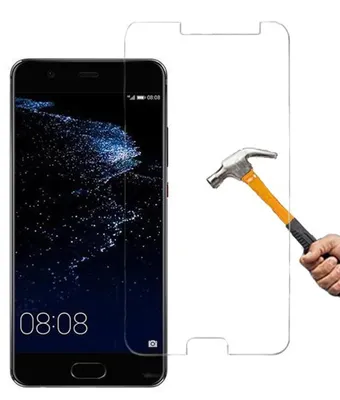 A smartphone screen protector is shown on a smartphone, with a hammer about to strike it.
